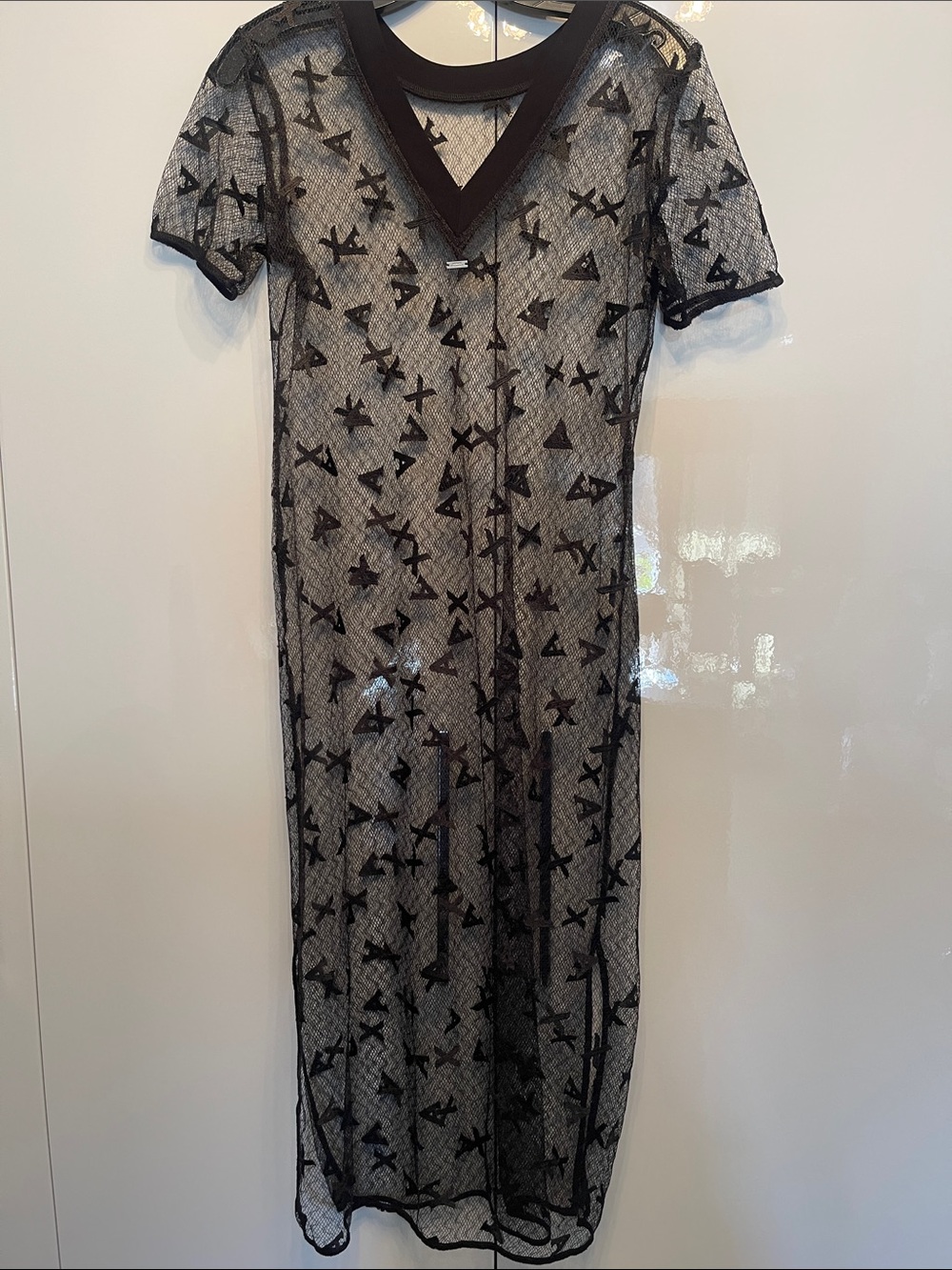 Armani Exchange Black Sheer Lace V-Neck Top with Branded Metal Tag
